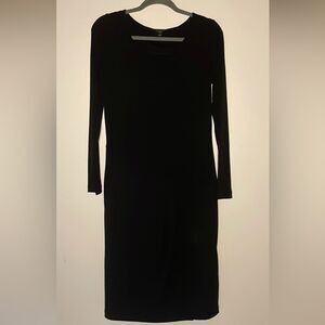 Talbots- Black Wool Blend Long Sleeve Side Ruched Faux Wrap Midi Dress- Size XS